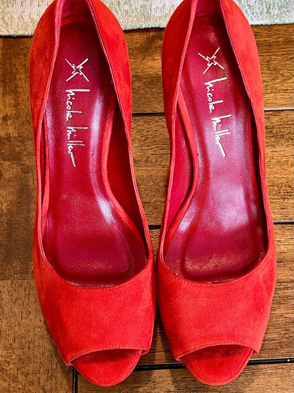 Nicole Miller Bright Red Suede Peep-Toe Heels